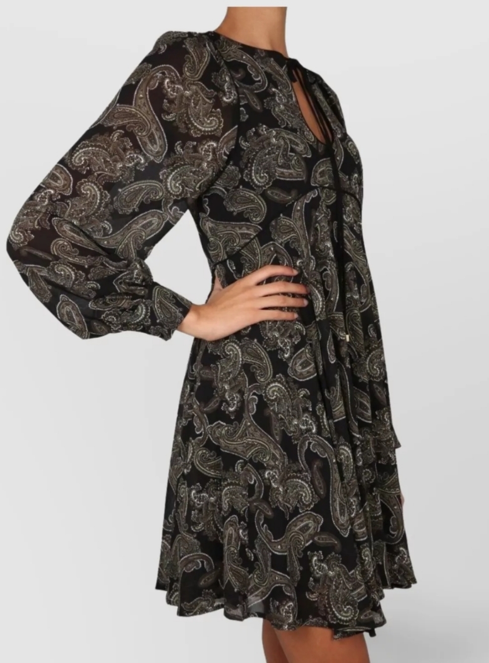 New Boho Michael Kors Black Paisley Tie-Neck Long-Sleeve Dress 4
